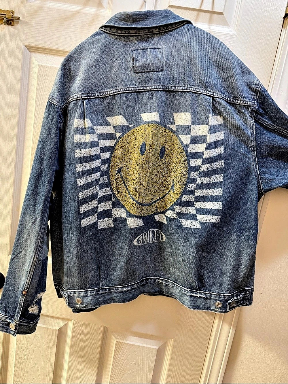 AE Smiley Men’s denim jacket Checkered Graphic Denim Jacket in Blue & Yellow XL